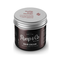 Pomp & Co. Hair Cream - bruine pot met deksel bovenop en tekst Quality Craft Heritage