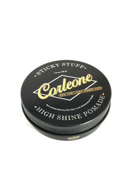 Corleone High Shine Pomade - zwart potje met goud logo, bovenaanzicht deksel