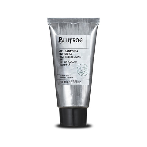 Bullfrog Invisible Shaving Gel - vooraanzicht zilveren tube met etiket