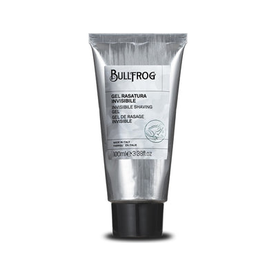 Bullfrog Invisible Shaving Gel - vooraanzicht zilveren tube met etiket