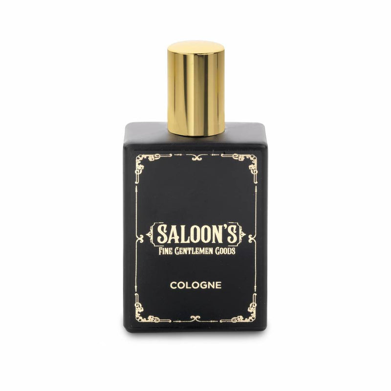 Saloon's Cologne - zwarte fles met gouden dop en sierrand, vooraanzicht