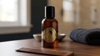 JS Sloane Baardolie - fles op houten blad met kam en grijze handdoek