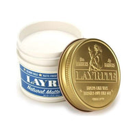 Layrite Natural Matte Cream - open pot met blauw etiket en gouden deksel ernaast