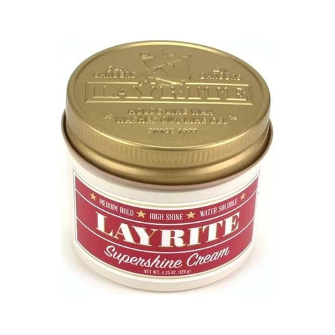 Layrite Supershine Cream - gesloten pot met rood etiket en gouden deksel
