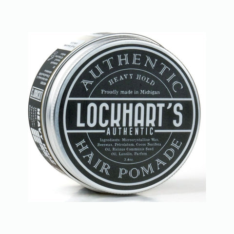 Lockhart's Heavy Hold Pomade - zilverkleurig blik met zwart etiket, schuin aanzicht