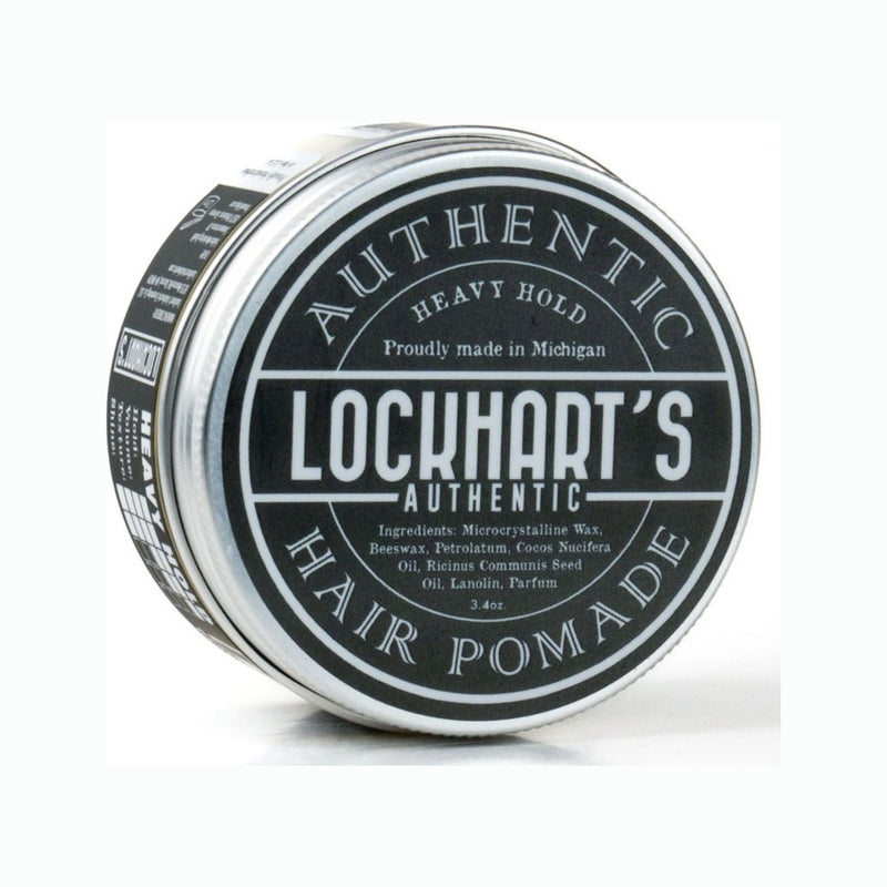 Lockhart's Heavy Hold Pomade - zilverkleurig blik met zwart etiket, schuin aanzicht