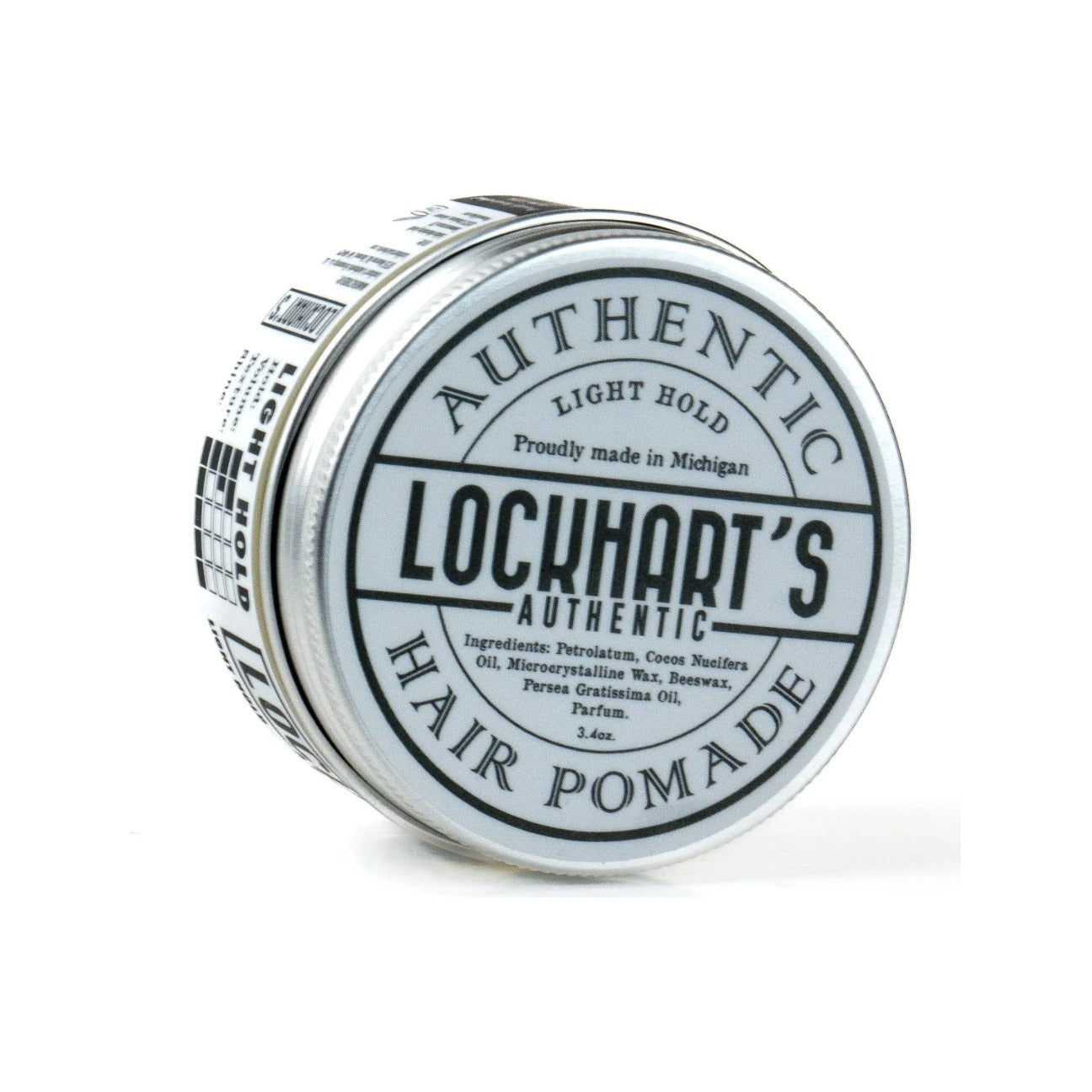 Lockhart's Light Hold Pomada, liggande burk med locketikett och ingredienslista