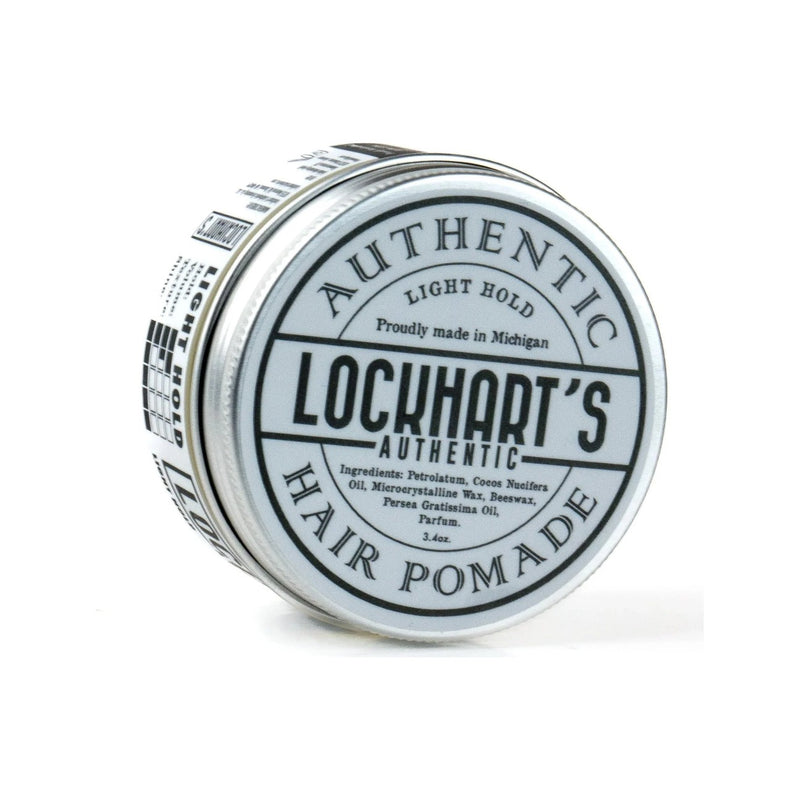 Lockhart's Light Hold Pomade - blik liggend met deksel-etiket en ingredientenlijst