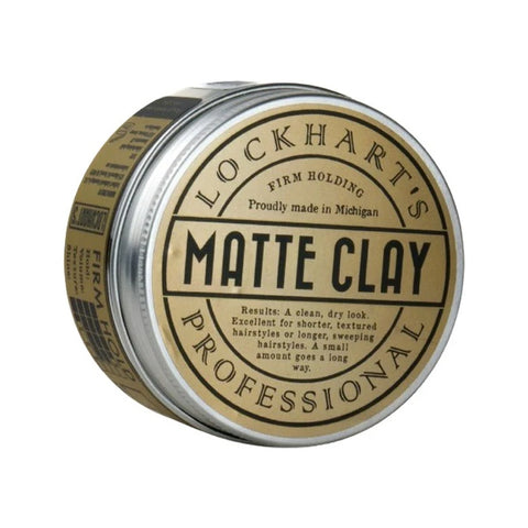 Lockhart's Matte Clay 96gr - zilverkleurig blik met bruin etiket, schuin aanzicht