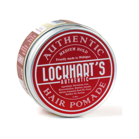 Lockhart's Medium Hold Pomade - zilverkleurig blik met rood etiket, schuin aanzicht
