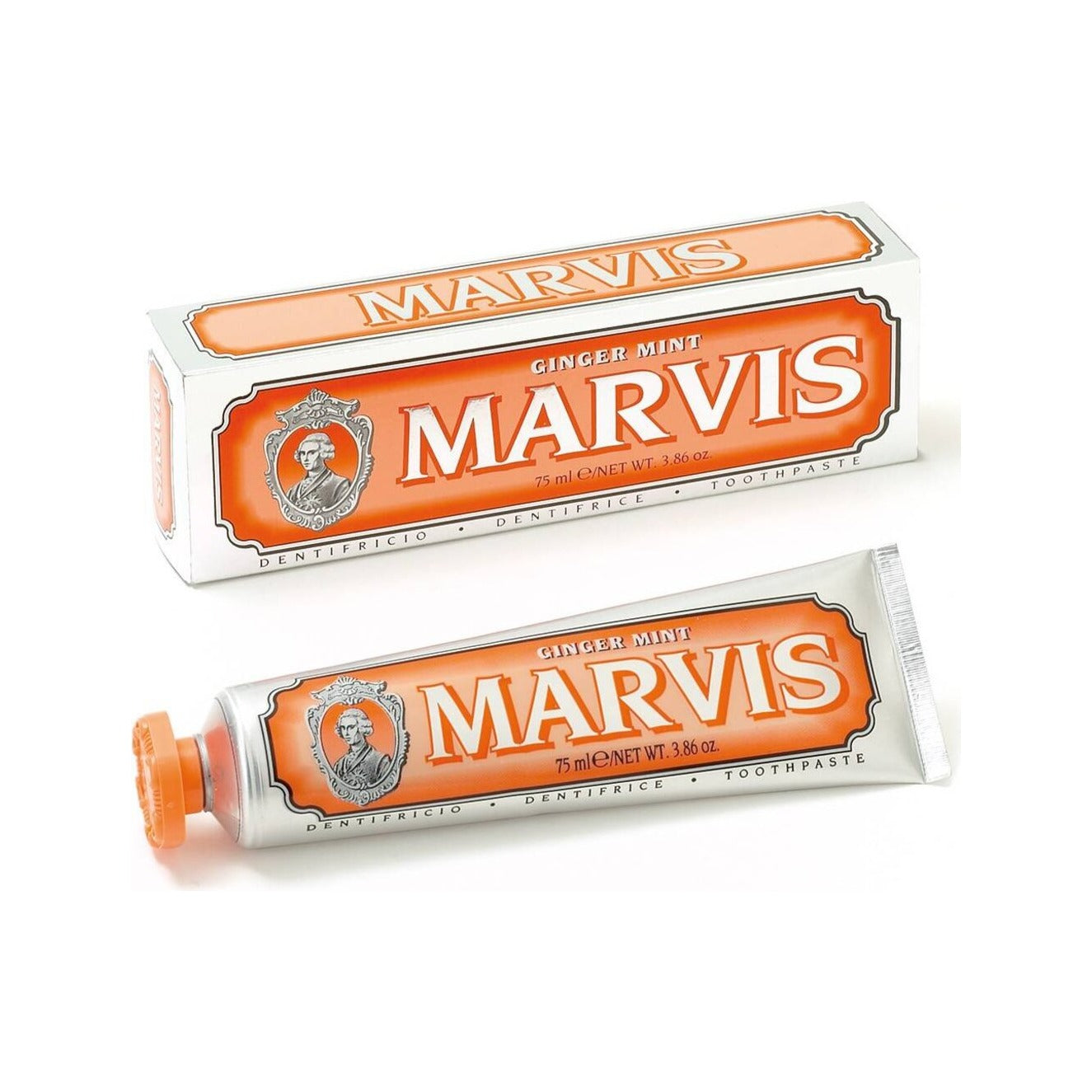 Marvis Ginger Mint, orange tub bredvid ask, framsida med etikett