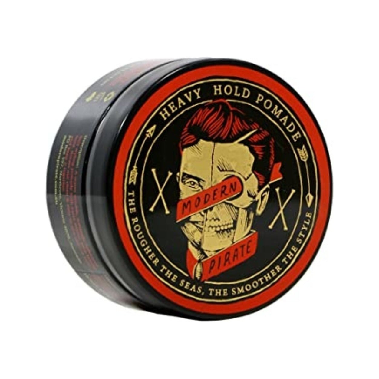 Modern Pirate Heavy Hold Pomada (Red), snett ovanifrån burk med röd-guldigt lock