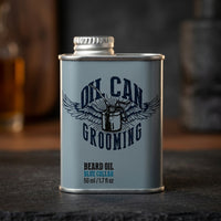 Oil Can Grooming Baardolie Blue Collar - blikje vooraanzicht op donkere ondergrond