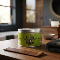 Oil Can Grooming Styling Paste - potje in badkamer met ronde spiegel en kam