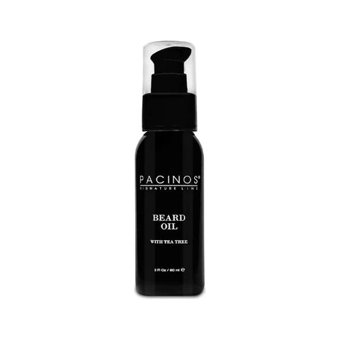 Pacinos Baardolie - zwart pompflesje 60ml met tea tree, vooraanzicht etiket