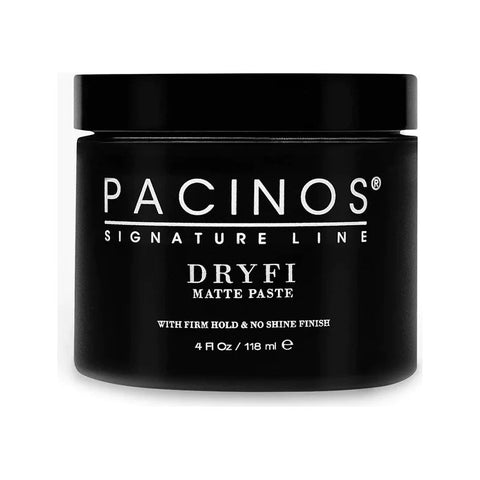 Pacinos Dryfi Matte Paste - gesloten zwart potje 118ml, vooraanzicht etiket