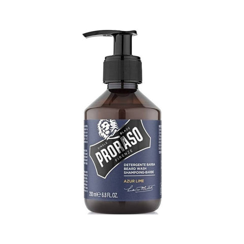 Proraso Baardshampoo Azur Lime - vooraanzicht bruine pompfles met blauw etiket