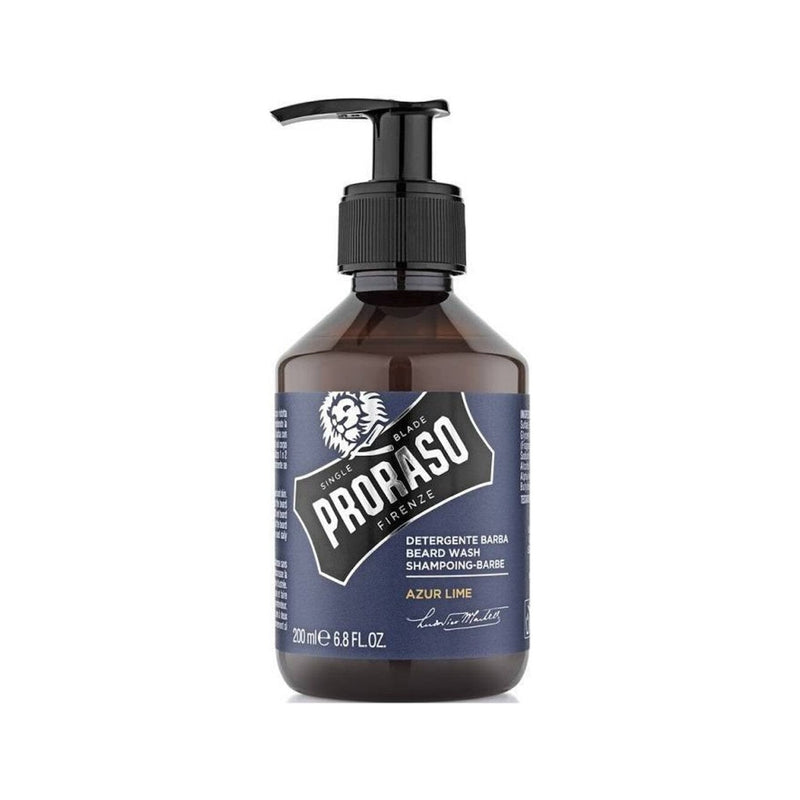Proraso Baardshampoo Azur Lime - vooraanzicht bruine pompfles met blauw etiket