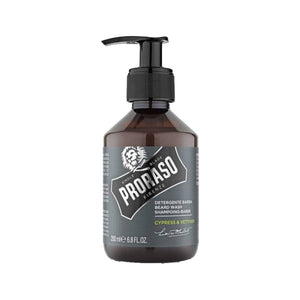 Proraso Skäggschampo Cypress & Vetyver, framsida brun pumpflaska med grå etikett