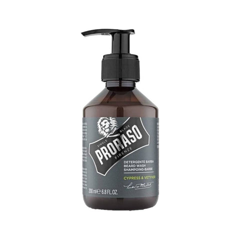 Proraso Baardshampoo Cypress & Vetyver - vooraanzicht bruine pompfles met grijs etiket