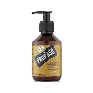 Proraso Skäggschampo Wood And Spice, framsida brun pumpflaska med gul etikett