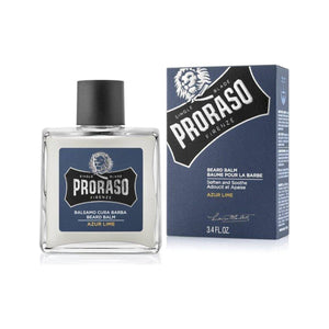 Proraso Beard Balm Azur Lime, glasflaska bredvid blå förpackningsask