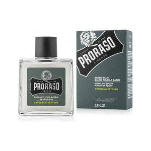 Proraso Beard Balm Cypress & Vetyver, glasflaska bredvid grå förpackningsask