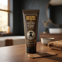 Reuzel Beard Wash Clean & Fresh 200ml - tube op houten kaptafel met kam