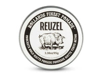 Reuzel Concrete Hold Matte Pomade - bovenkant wit blik 95g met varken-logo