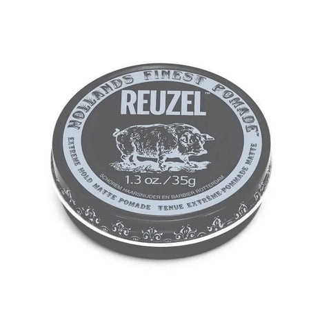 Reuzel Extreme Hold Matte Pomade - bovenaanzicht grijs travel-size blik van 35 gram