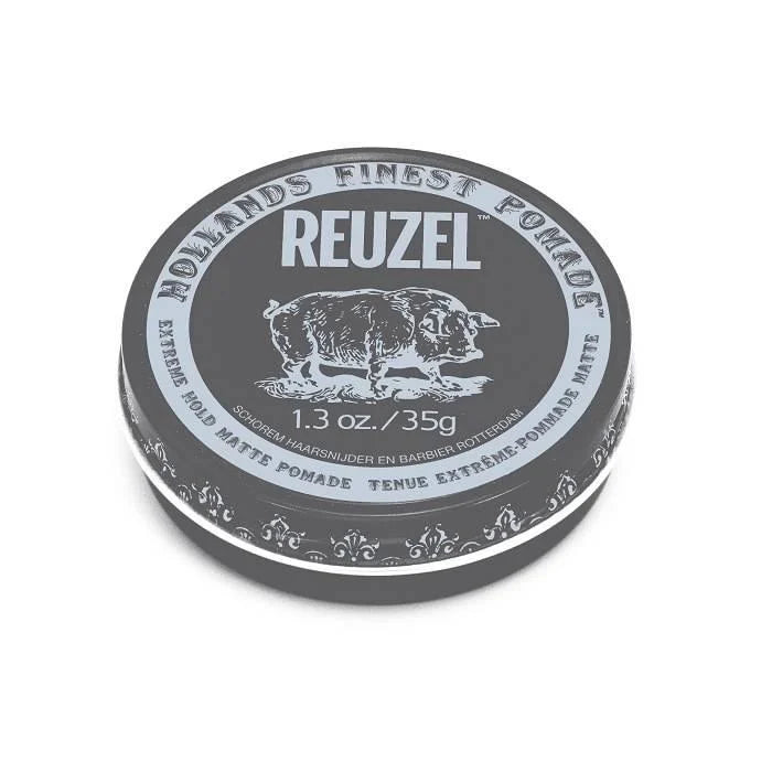 Reuzel Extreme Hold Matte Pomade - bovenaanzicht grijs travel-size blik van 35 gram