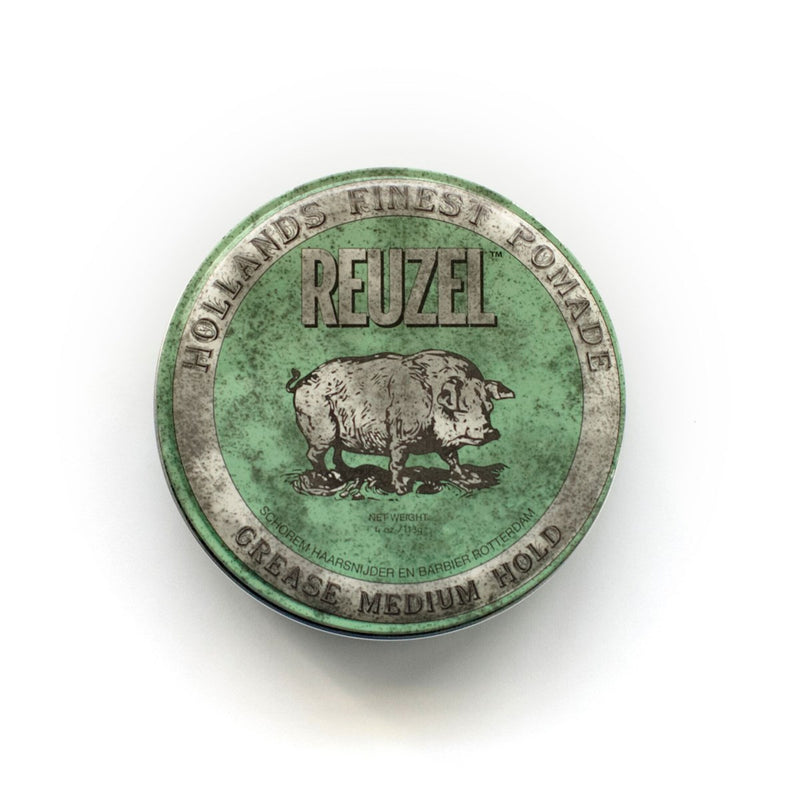 Reuzel Green Grease Medium Hold Pomade - bovenaanzicht groen blik met varken-logo