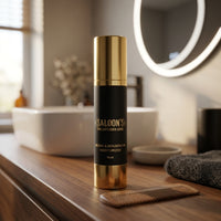 Saloon's Beard & Moustache Moisturizer - pompfles op houten kaptafel met kam