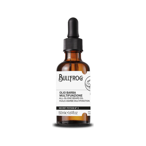 Bullfrog Secret Potion No. 3 Beard Oil - vooraanzicht bruin glazen flesje met pipetdop en etiket