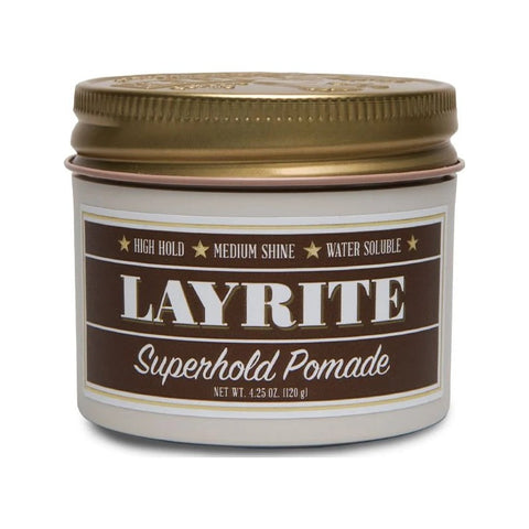 Layrite Superhold Pomade - vooraanzicht pot met bruin etiket en gouden deksel