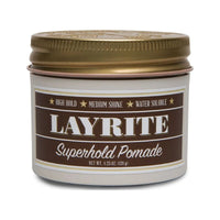 Layrite Superhold Pomade - vooraanzicht pot met bruin etiket en gouden deksel