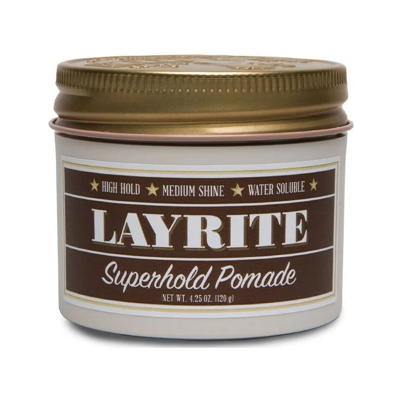 Layrite Superhold Pomade - vooraanzicht pot met bruin etiket en gouden deksel
