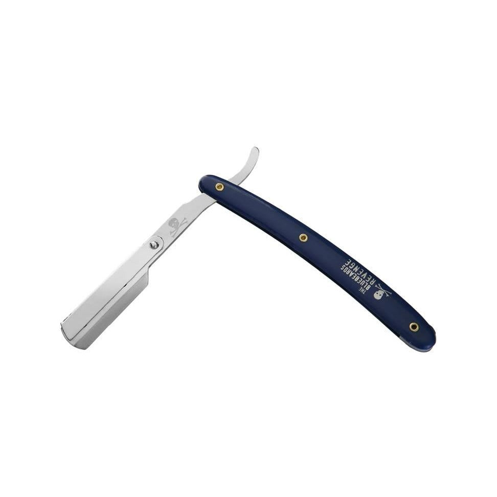 The Bluebeards Revenge Cut-Throat Razor - opengeklapte shavette met blauw heft, vooraanzicht