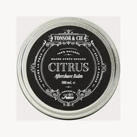 Tonsor & Cie Aftershave Balm Citrus - bovenaanzicht gesloten blik met zwart etiket, 100 mL