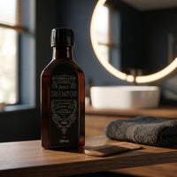 Tonsor & Cie Baardshampoo - fles naast houten kam bij ronde spiegel