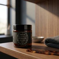 Tonsor & Cie Pomade - potje bij raam naast schaaltje en kam