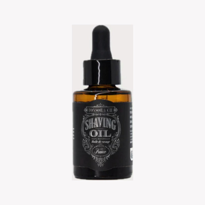 Tonsor & Cie Shaving Oil Ice, bärnstensfärgad droppflaska med svart etikett, framifrån