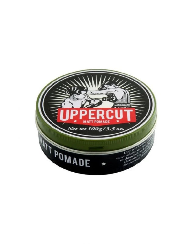 Uppercut Matte Pomade - bovenkant groen blik 100g met boksers-logo
