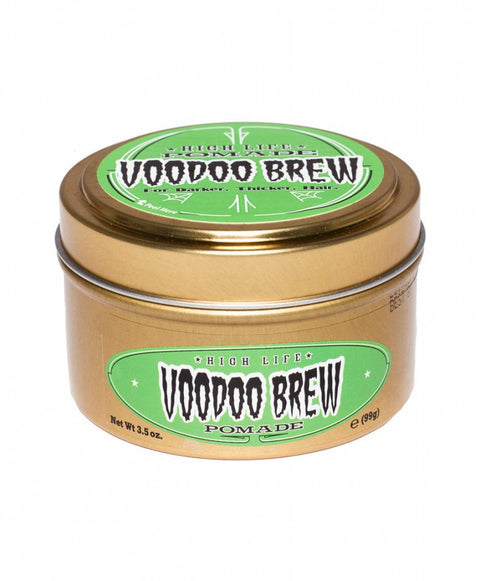 High Life Voodoo Brew Pomade - gouden blik met groen etiket, vooraanzicht