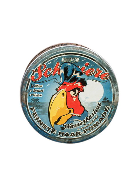 Schmiere Heavy Waterbased Pomade - blik met papegaai-illustratie op deksel